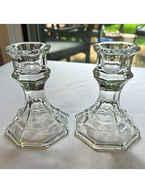 Pair Clear Pressed Glass Faceted Octagon Base Candlesticks for Taper Candles